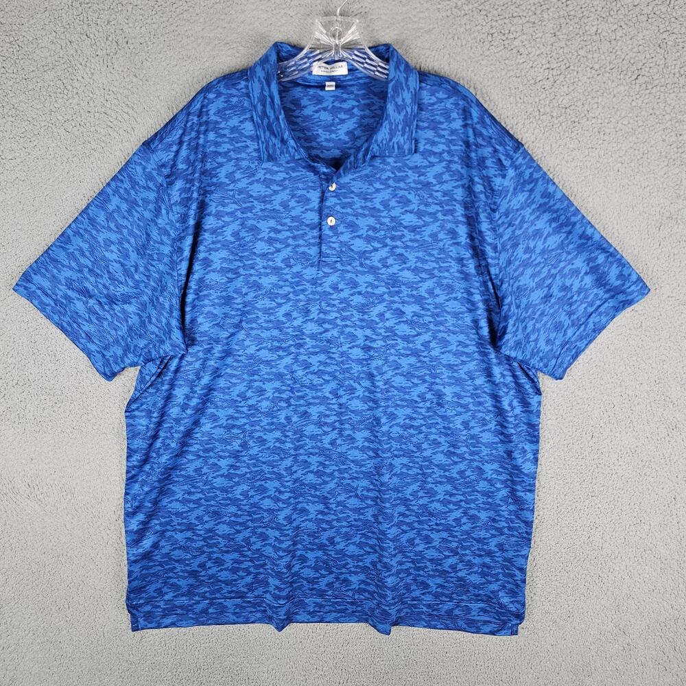 Peter Millar Summer Comfort Polo Shirt Mens 2XL Blue Fish Camo Print Crown Sport